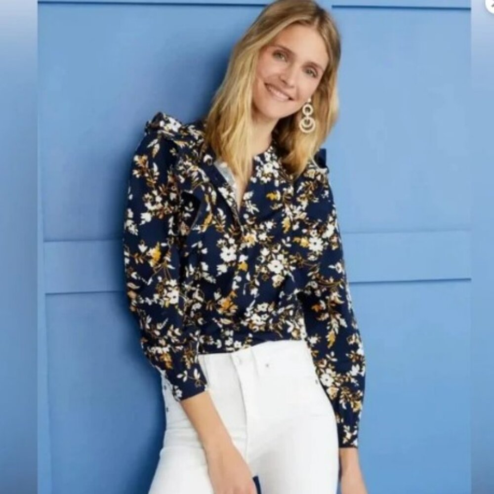 J Crew Navy Floral Ruffle Blouse